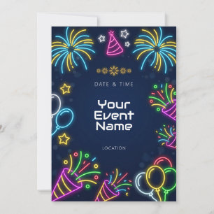 Dark Navy Neon Party Balloon Burst Invitation
