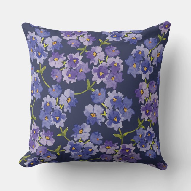 Dark Navy & Purple Floral Pattern Throw Pillow (Front)
