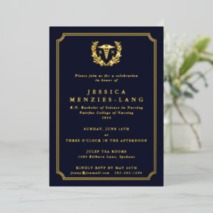Dark Navy Registered Nurse Caduceus+Laurel Wreath Foil Invitation