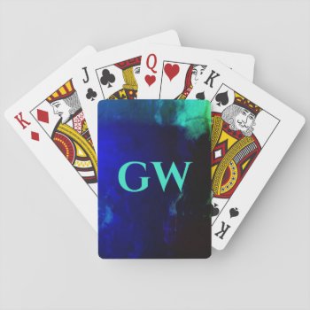 Dark Navy Royal Blue Abstract Teal Monogrammed Playing Cards by TabbyGun at Zazzle