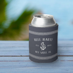 Dark Navy Rustic Anchor Personalized Boat Name Can Cooler