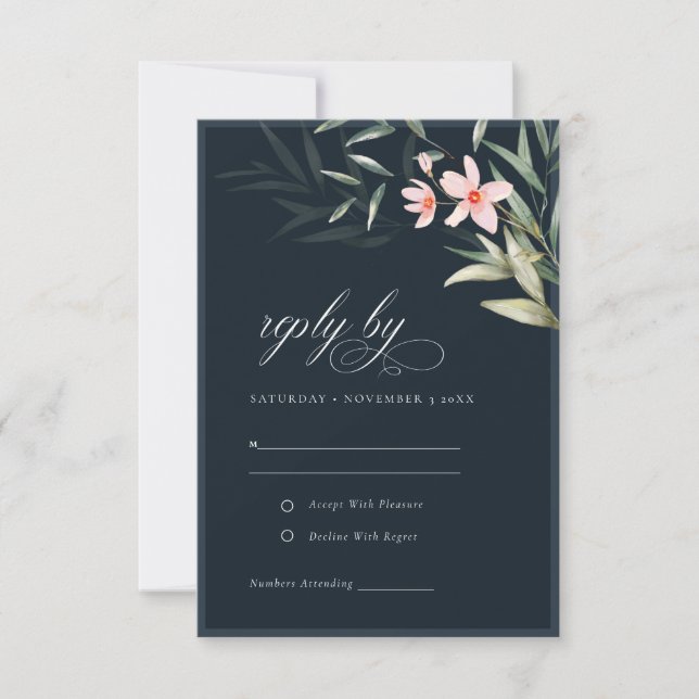 Dark Navy Rustic Blush Greenery Floral Wedding RSVP Card (Front)