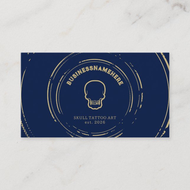 Dark Navy Skull Tattoo Piercing Studio QR Code Business Card (Front)