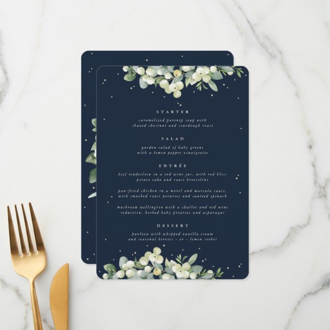 Dark Navy Snowberry+Eucalyptus 4 Course Wedding Menu (Front/Back In Situ)