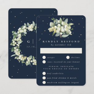 Dark Navy Snowberry+Eucalyptus Bouquet Wedding RSVP Card