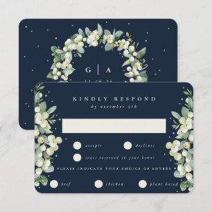 Dark Navy Snowberry+Eucalyptus Edged Wedding RSVP Card