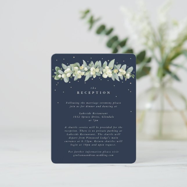 Dark Navy Snowberry+Eucalyptus Garland Reception Enclosure Card (Standing Front)