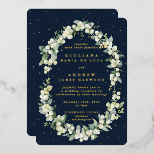 Dark Navy Snowberry+Eucalyptus Reception Only Foil Invitation