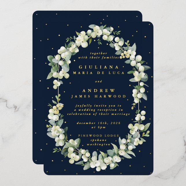Dark Navy Snowberry+Eucalyptus Reception Only Foil Invitation (Front/Back)