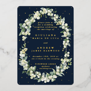 Dark Navy Snowberry+Eucalyptus Reception Only  Foil Invitation