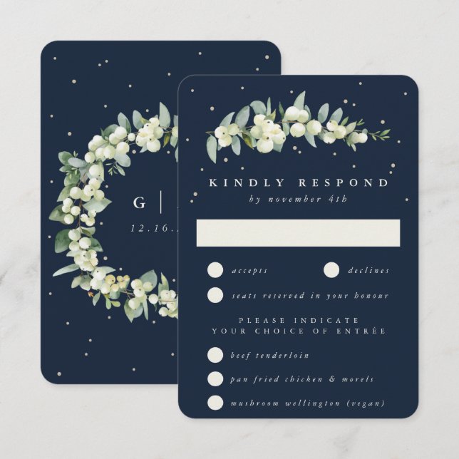 Dark Navy Snowberry+Eucalyptus Stem Wedding RSVP Card (Front/Back)
