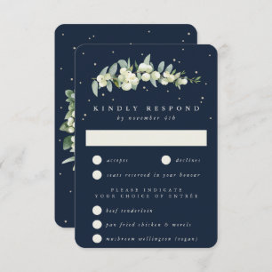 Dark Navy Snowberry+Eucalyptus Stem Wedding RSVP Card