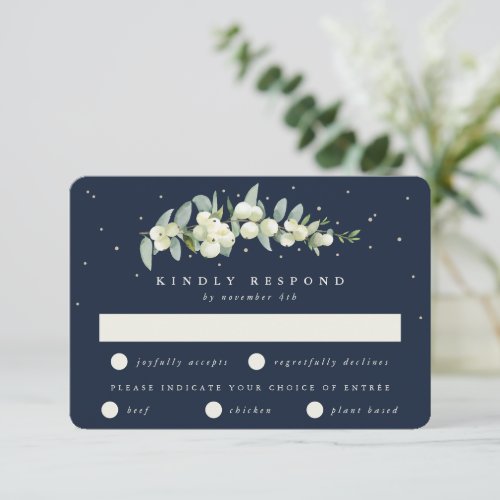 Dark Navy SnowberryEucalyptus Stem Winter Wedding RSVP Card