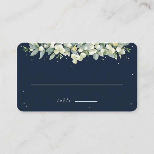 Dark Navy Snowberry+Eucalyptus Wedding Flat Place Card (Front)