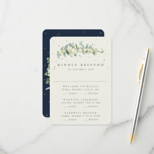 Dark Navy Snowberry+Eucalyptus Wedding Multi-Event RSVP Card