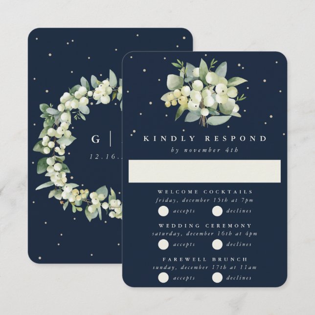Dark Navy Snowberry+Eucalyptus Wedding Multi-Event RSVP Card (Front/Back)