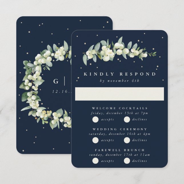 Dark Navy Snowberry+Eucalyptus Wedding Multi-Event RSVP Card (Front/Back)