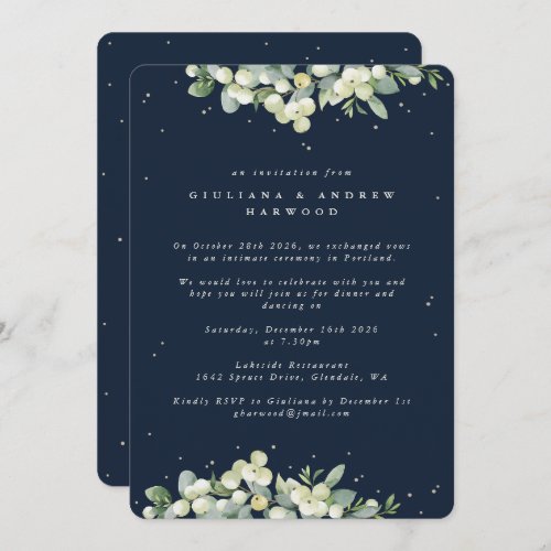 Dark Navy SnowberryEucalyptus Wedding Reception Invitation