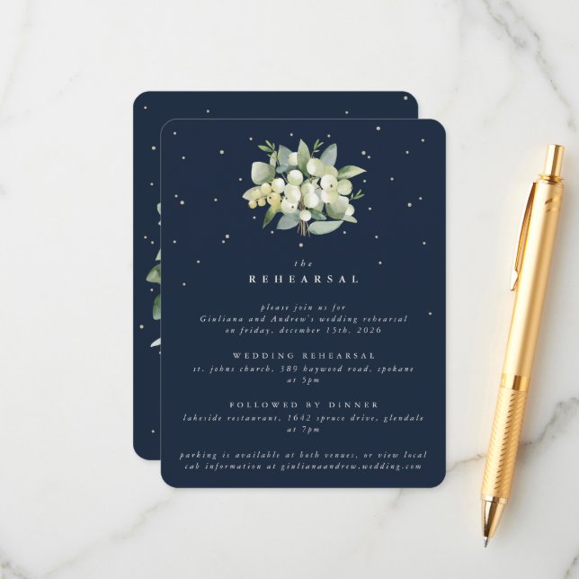 Dark Navy Snowberry+Eucalyptus Wedding Rehearsal Enclosure Card (Front/Back In Situ)