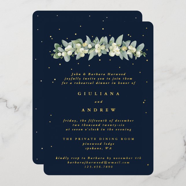 Dark Navy Snowberry+Eucalyptus Wedding Rehearsal Foil Invitation (Front/Back)