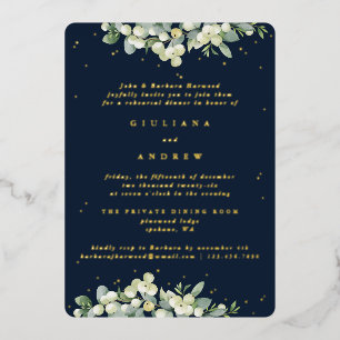 Dark Navy Snowberry+Eucalyptus Wedding Rehearsal Foil Invitation