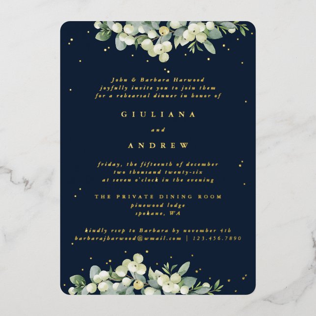 Dark Navy Snowberry+Eucalyptus Wedding Rehearsal Foil Invitation (Front)