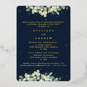 Dark Navy Snowberry+Eucalyptus Wedding Rehearsal Foil Invitation