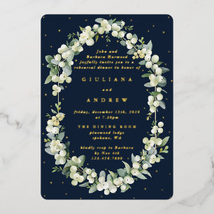 Dark Navy Snowberry+Eucalyptus Wedding Rehearsal Foil Invitation