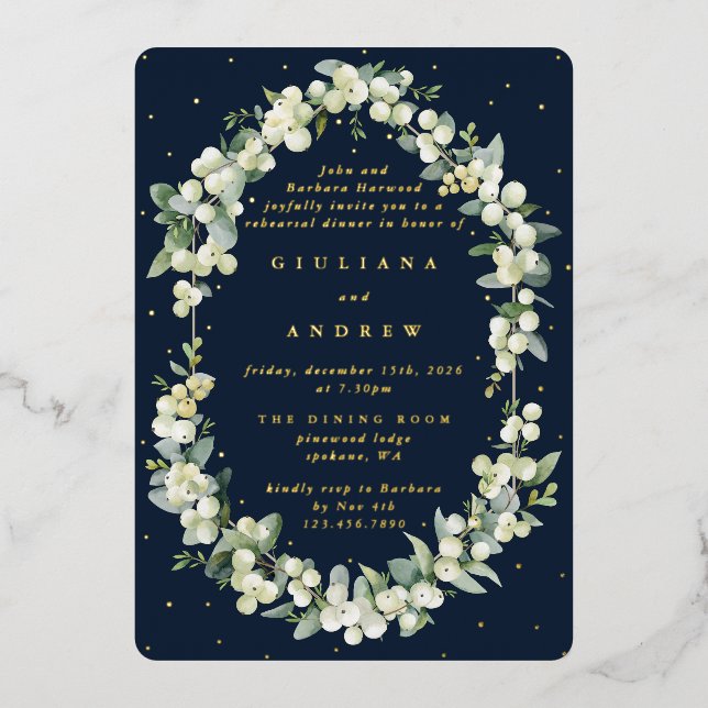 Dark Navy Snowberry+Eucalyptus Wedding Rehearsal Foil Invitation (Front)