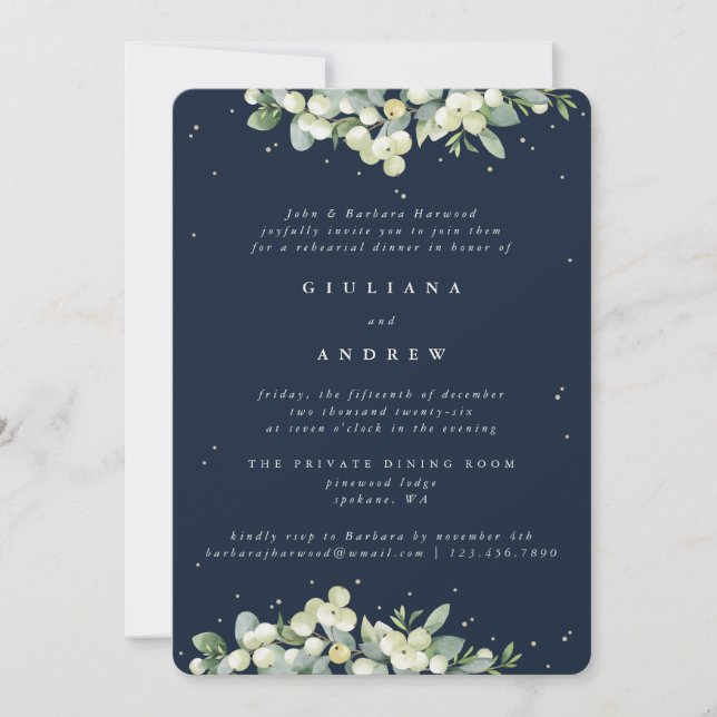 Dark Navy Snowberry+Eucalyptus Wedding Rehearsal Invitation (Front)