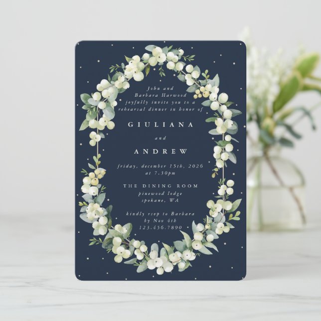 Dark Navy Snowberry+Eucalyptus Wedding Rehearsal Invitation (Standing Front)
