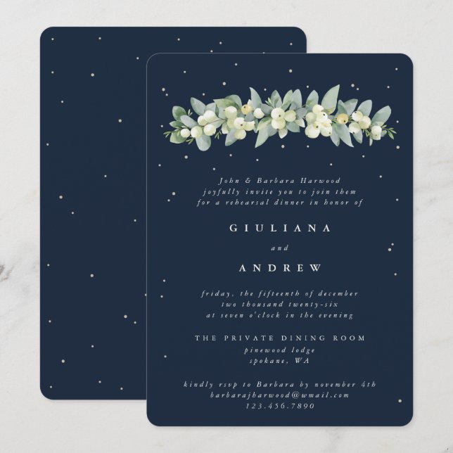 Dark Navy Snowberry+Eucalyptus Wedding Rehearsal Invitation (Front/Back)