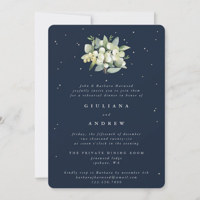 Dark Navy Snowberry+Eucalyptus Wedding Rehearsal Invitation (Front)