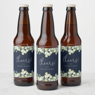 Dark Navy Snowberry+Eucalyptus Winter Bachelorette Beer Bottle Label
