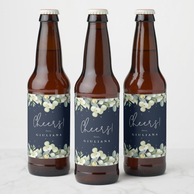 Dark Navy Snowberry+Eucalyptus Winter Bachelorette Beer Bottle Label (Bottles)
