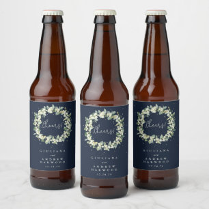 Dark Navy Snowberry+Eucalyptus Winter Wedding Beer Bottle Label