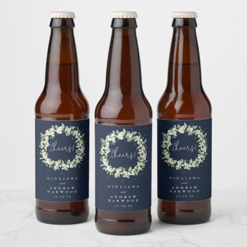 Dark Navy SnowberryEucalyptus Winter Wedding Beer Bottle Label