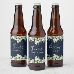 Dark Navy Snowberry+Eucalyptus Winter Wedding Beer Bottle Label