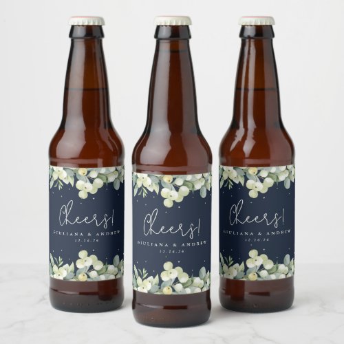 Dark Navy SnowberryEucalyptus Winter Wedding Beer Bottle Label