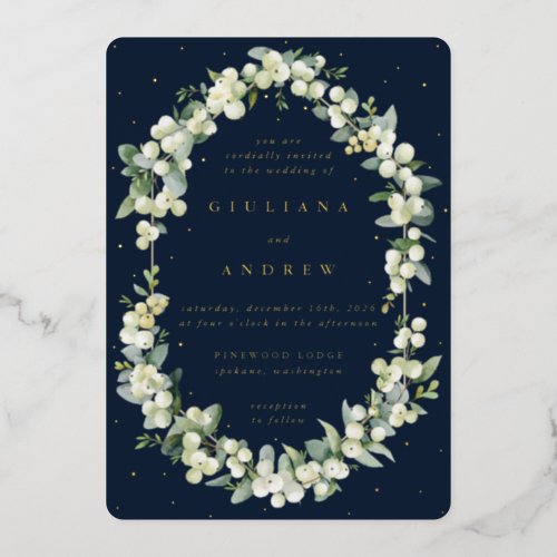 Dark Navy SnowberryEucalyptus Winter Wedding Foil Invitation