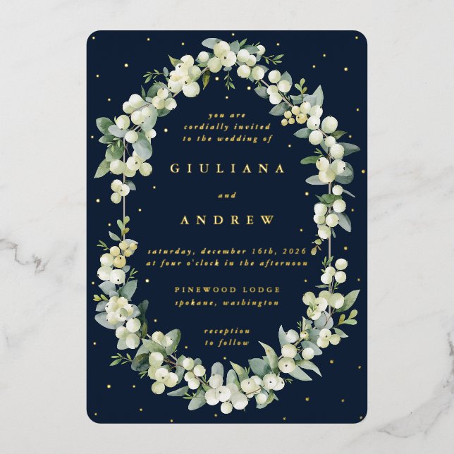 Dark Navy Snowberry+Eucalyptus Winter Wedding Foil Invitation (Front)