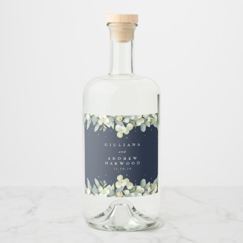 Dark Navy SnowberryEucalyptus Winter Wedding Liquor Bottle Label