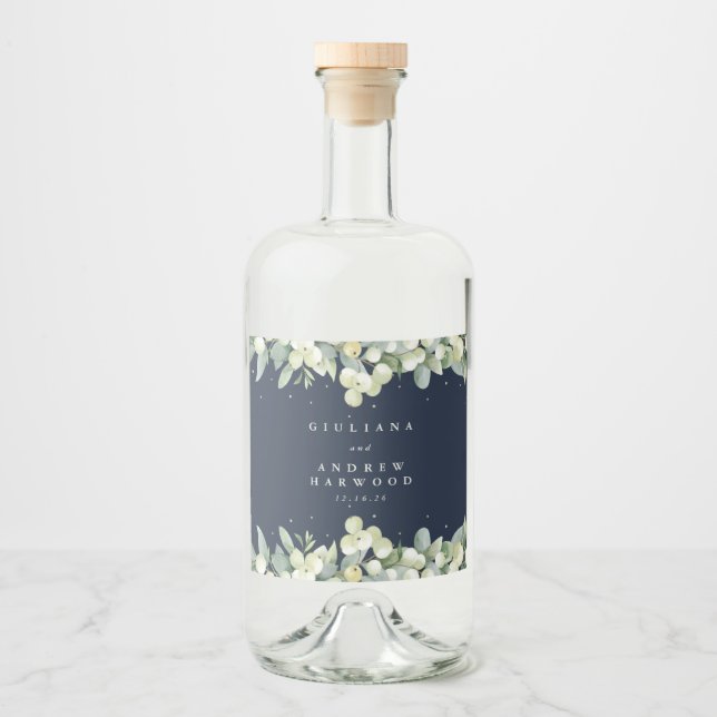 Dark Navy Snowberry+Eucalyptus Winter Wedding Liquor Bottle Label (Front)