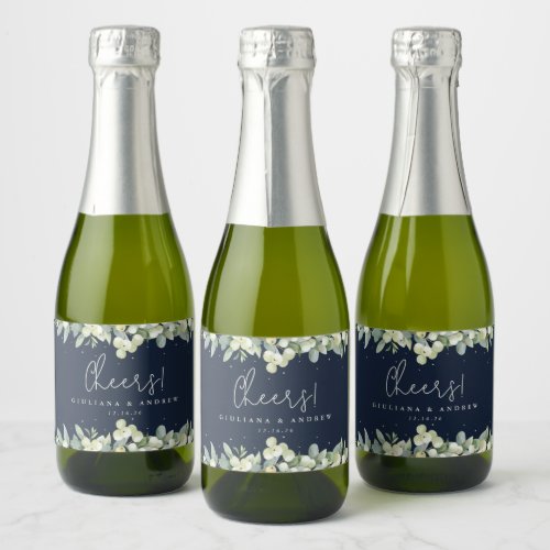 Dark Navy SnowberryEucalyptus Winter Wedding Mini Sparkling Wine Label