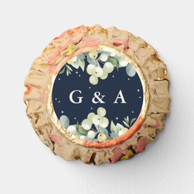 Dark Navy Snowberry+Eucalyptus Winter Wedding Reese's Peanut Butter Cups (Front)