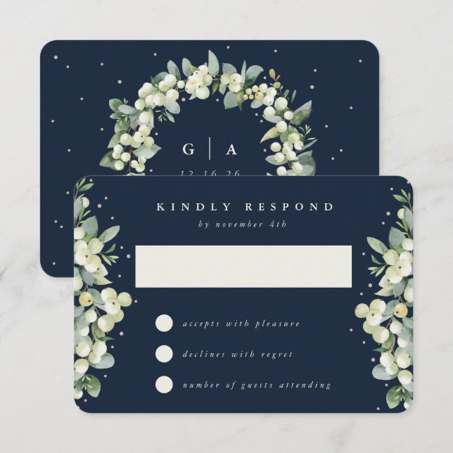 Dark Navy Snowberry+Eucalyptus Winter Wedding RSVP Card (Front/Back)