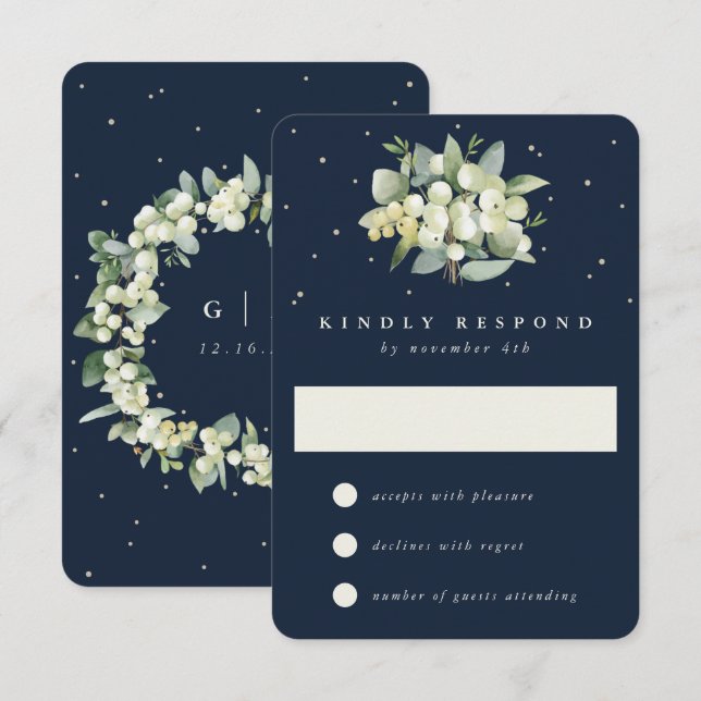 Dark Navy Snowberry+Eucalyptus Winter Wedding RSVP Card (Front/Back)