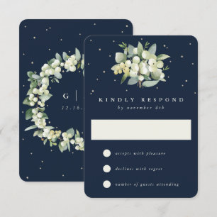 Dark Navy Snowberry+Eucalyptus Winter Wedding RSVP Card