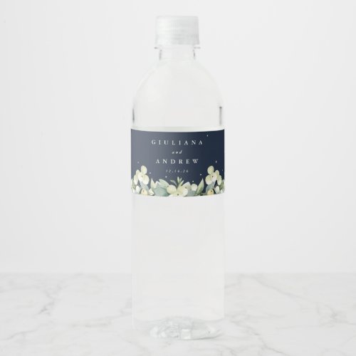Dark Navy SnowberryEucalyptus Winter Wedding Water Bottle Label