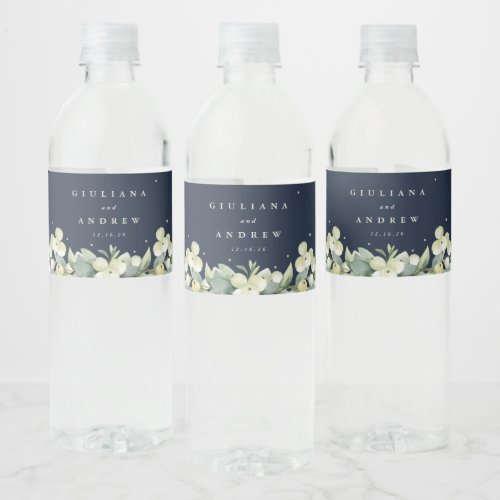 Dark Navy SnowberryEucalyptus Winter Wedding Water Bottle Label